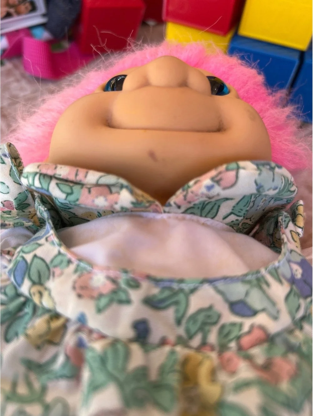 Vintage Russ Troll Doll with Pink Hair and Floral Dress
